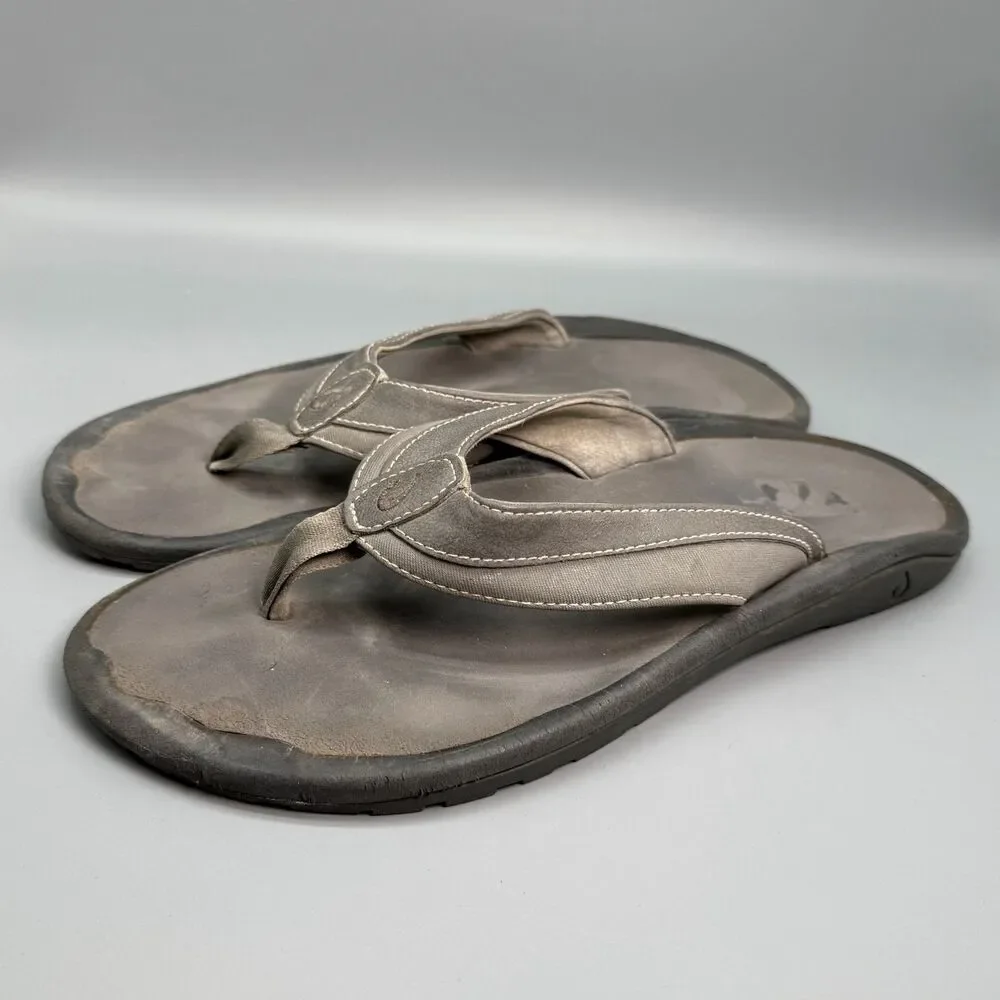 OluKai Ohana Koa Men's 12 Gray Leather Slip-On Flip Flop Sandals Comfort Shoes